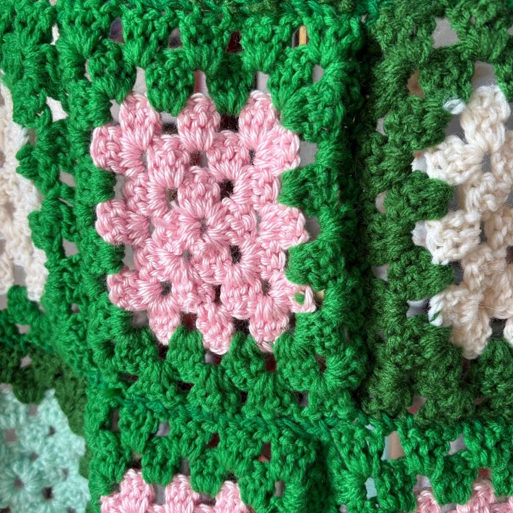Handmade Crochet Granny Square Throw Blanket – Green‎ Floral Cottagecore